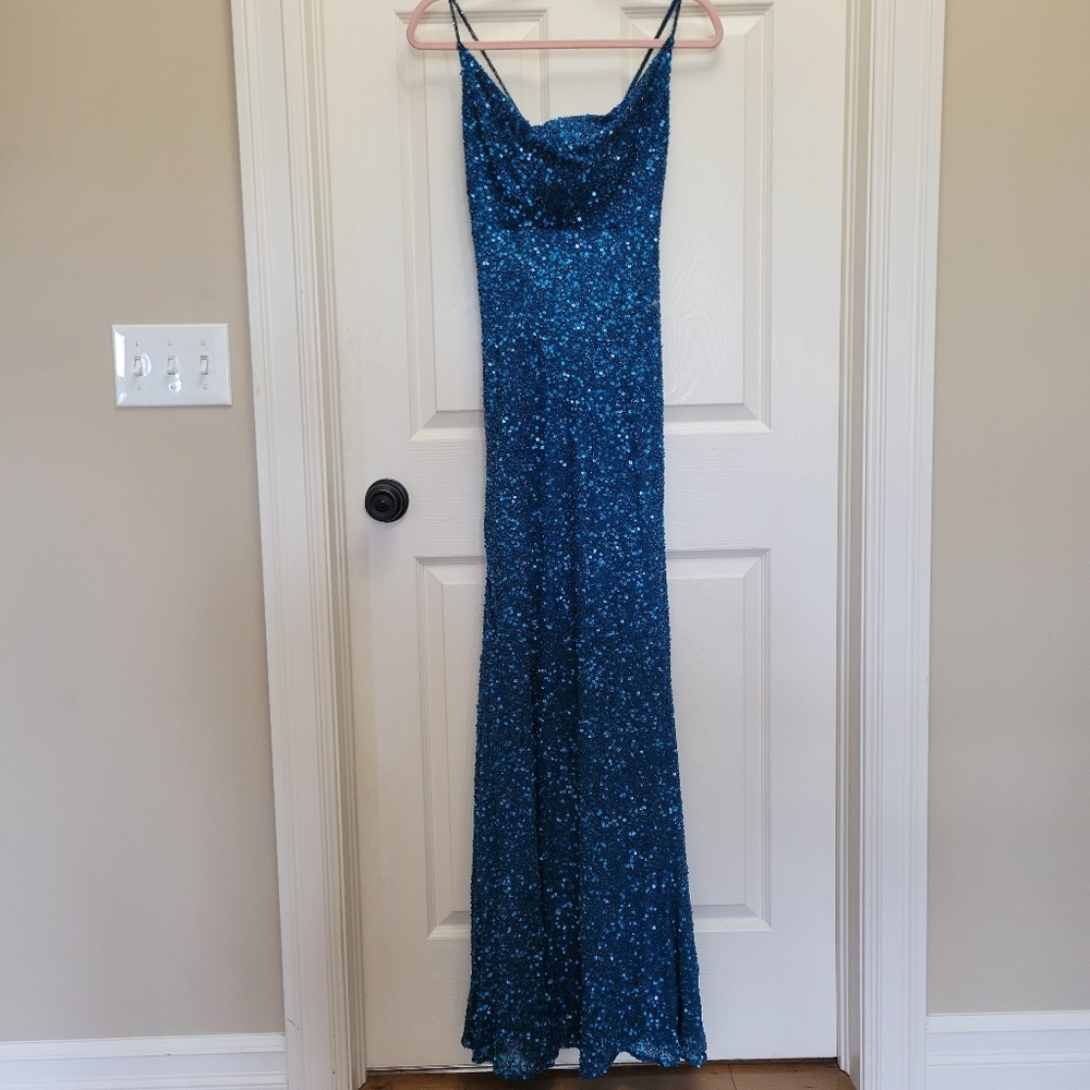 Scala Blue beaded Spaghetti-Strap Evening Gown